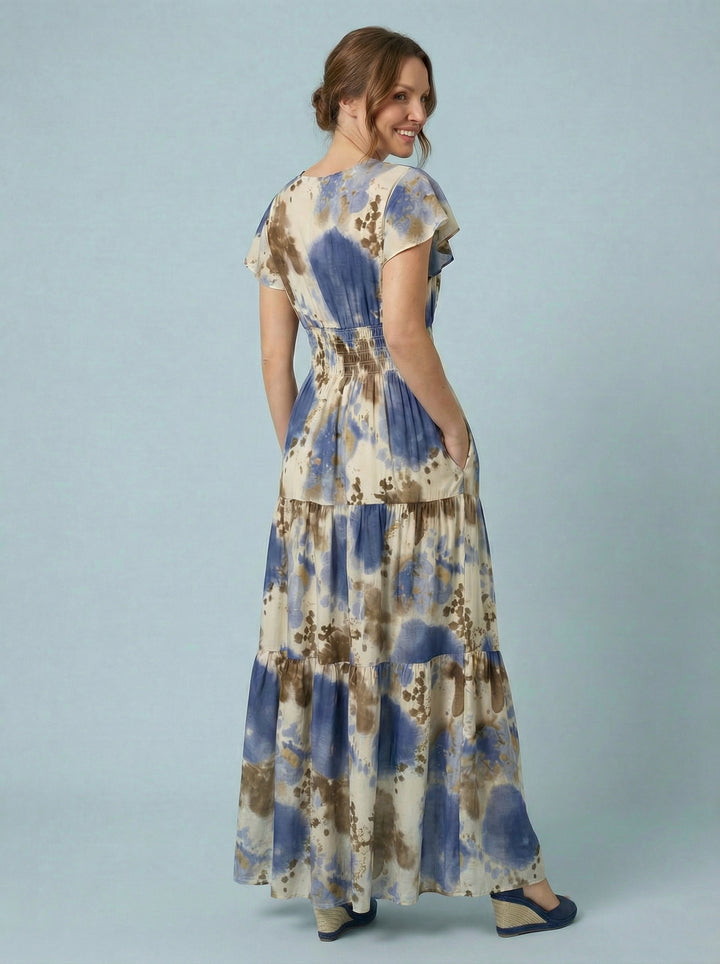 "PEYTON" Artistic Print Maxi Dress- Denim / Tan