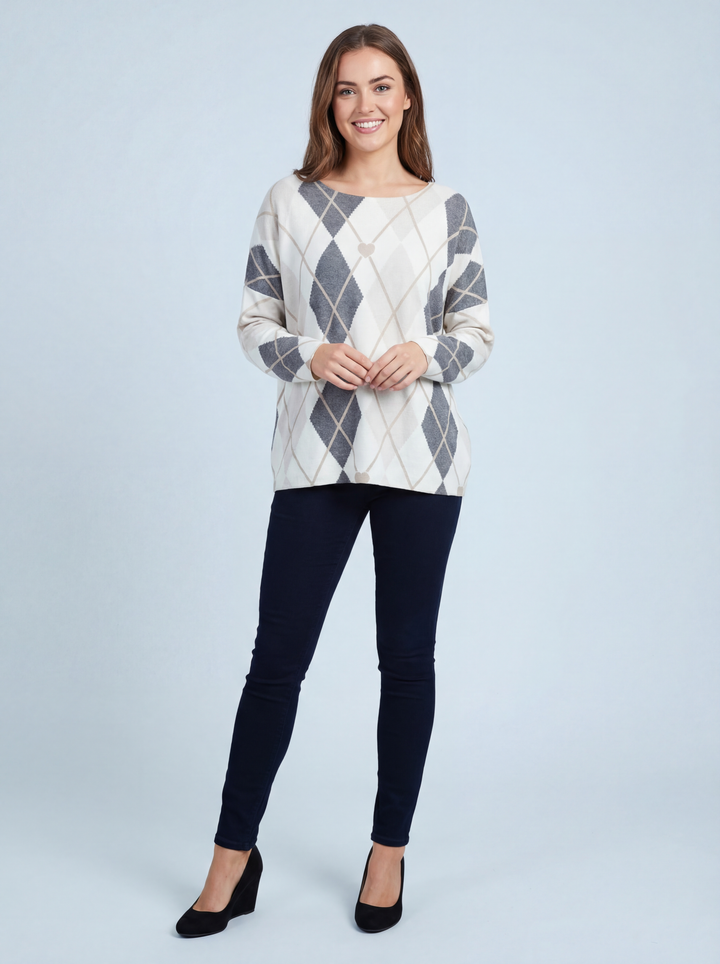 "EVIE” Diamond Print Soft Knit Jumper - Dark grey / Cream