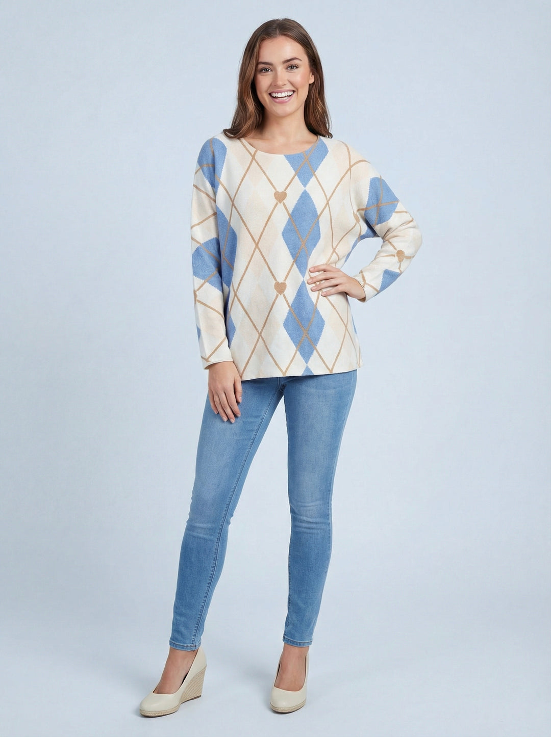 "EVIE” Diamond Print Soft Knit Jumper - Blue / Cream