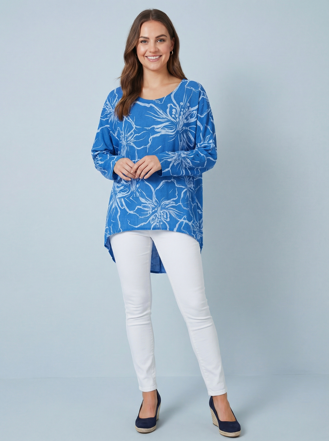 "NINA”  Floral Print Top - Royal / Silver