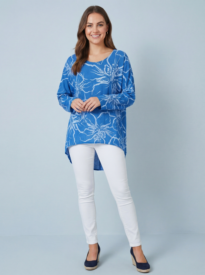 "NINA”  Floral Print Top - Royal / Silver
