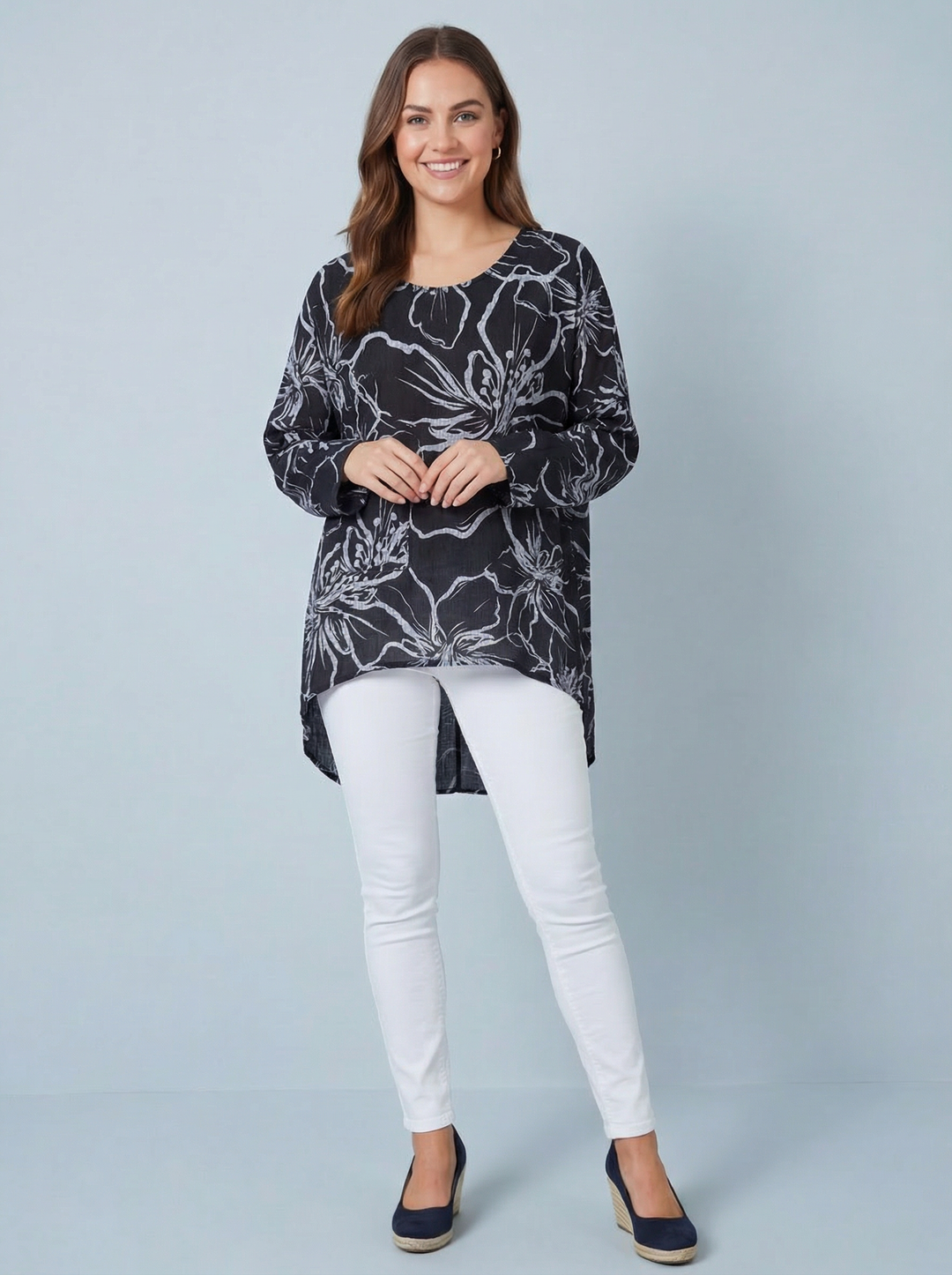 "NINA”  Floral Print Top - Black / Grey