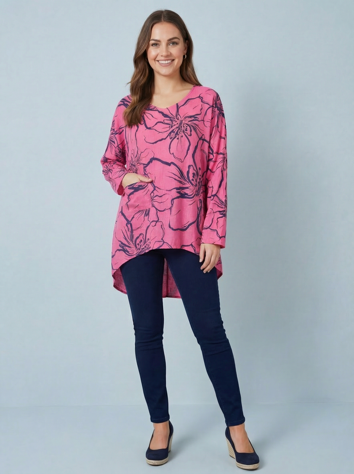 "NINA”  Floral Print Top - Cerise / Navy