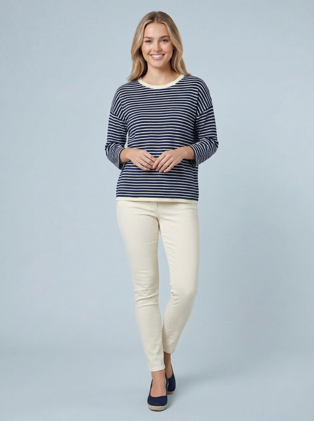 "ELIZA” Nautical Stripe Fine Knit Top - Navy / Cream