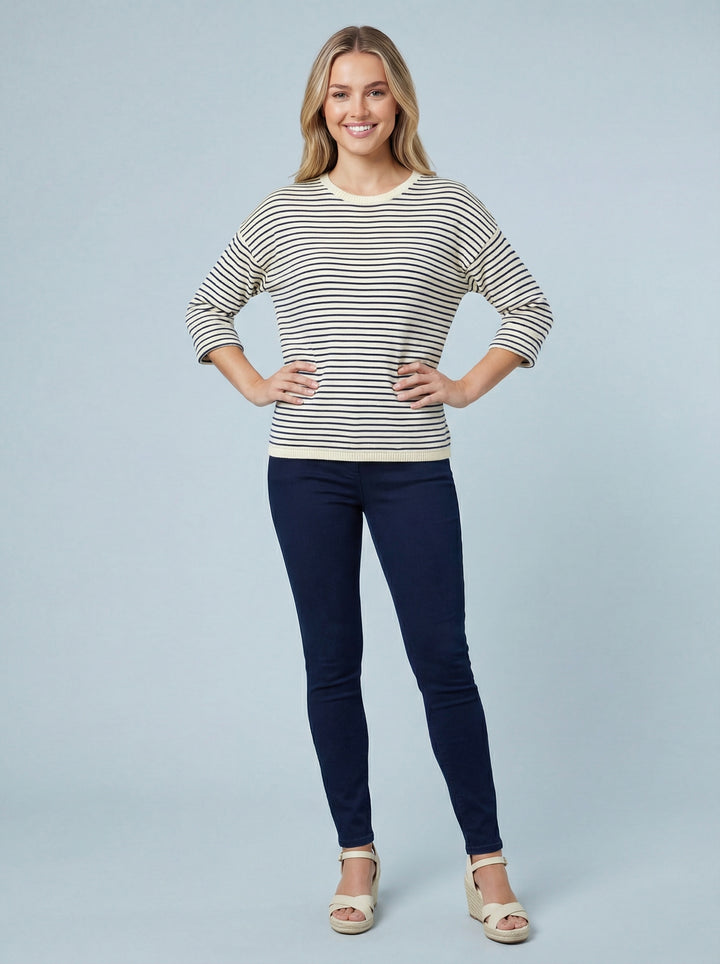 "ELIZA” Nautical Stripe Fine Knit Top - Cream/ Navy