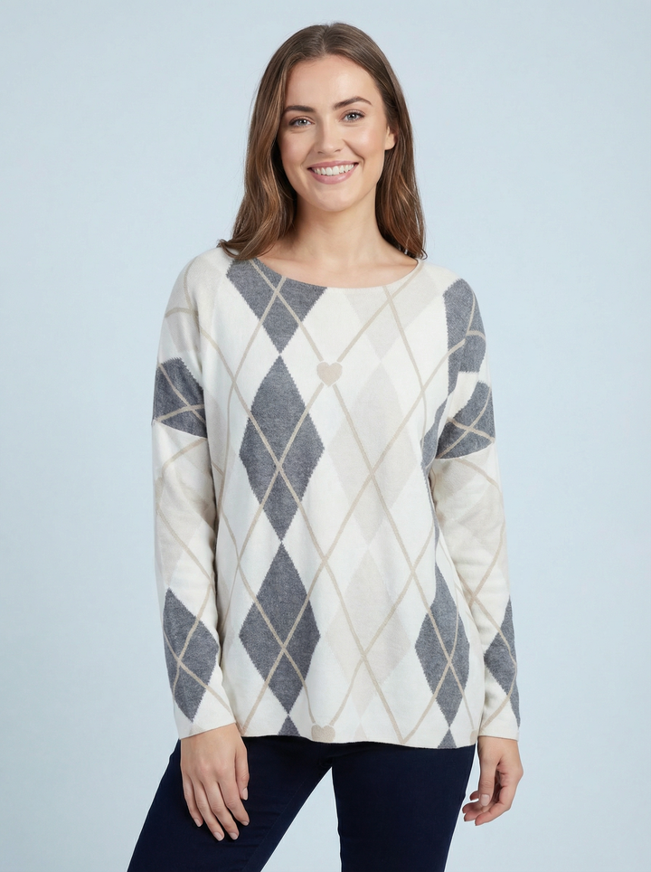 "EVIE” Diamond Print Soft Knit Jumper - Dark grey / Cream