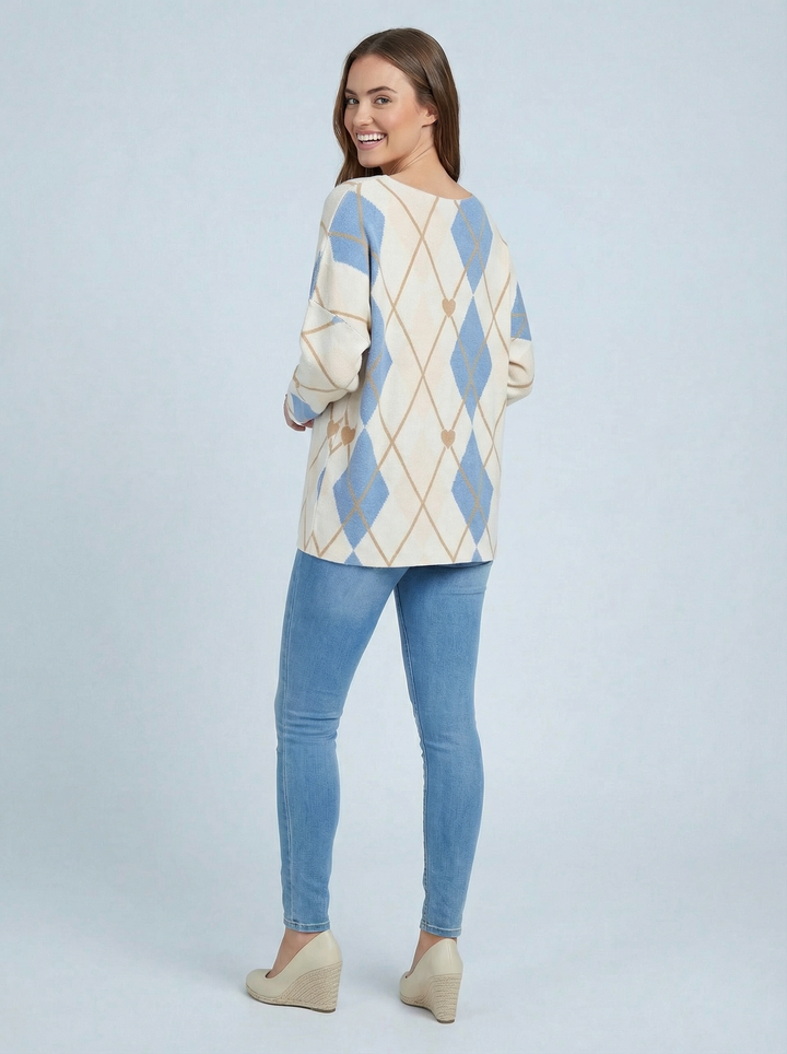 "EVIE” Diamond Print Soft Knit Jumper - Blue / Cream