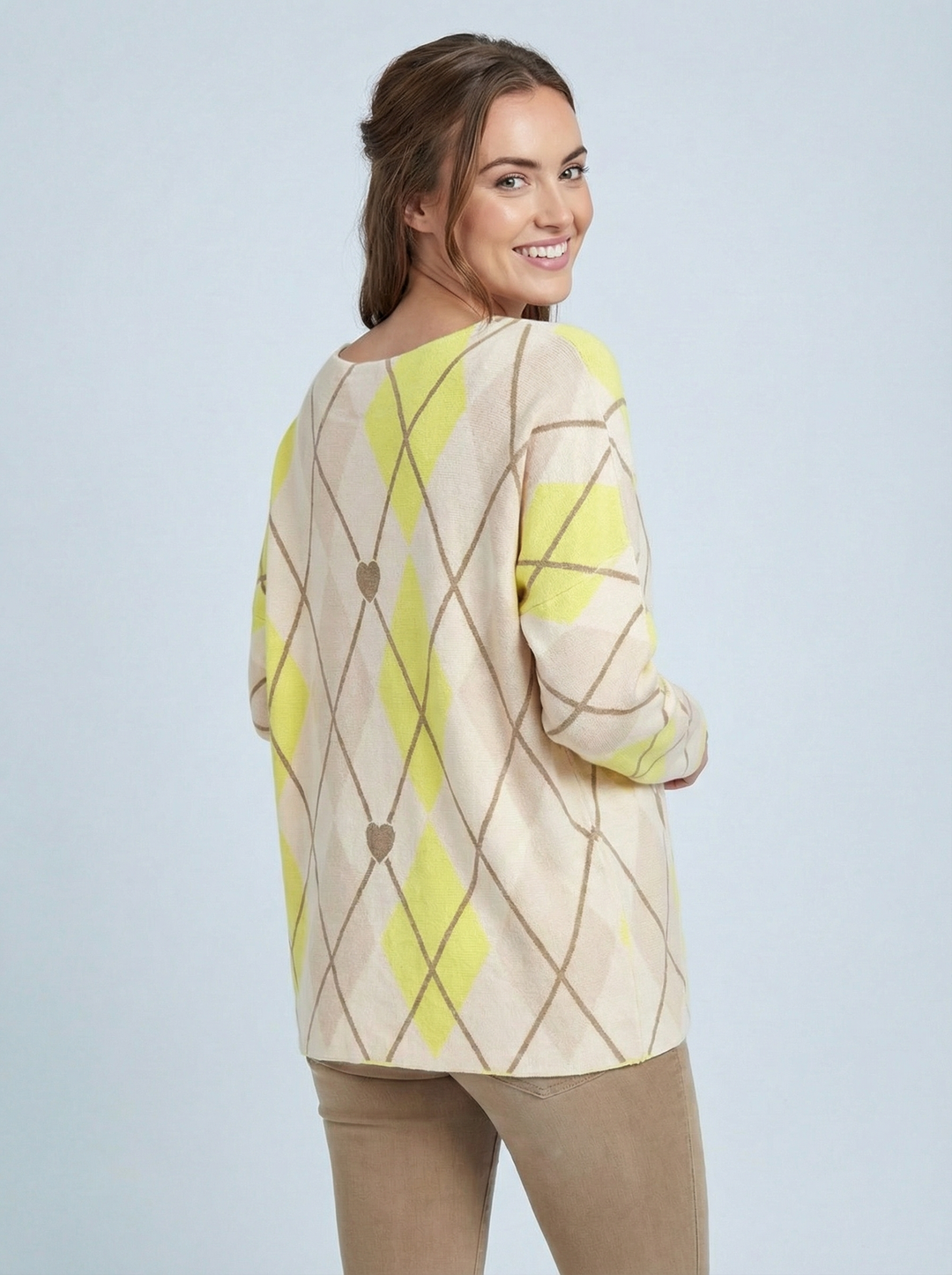 "EVIE” Diamond Print Soft Knit Jumper - Yellow / Cream