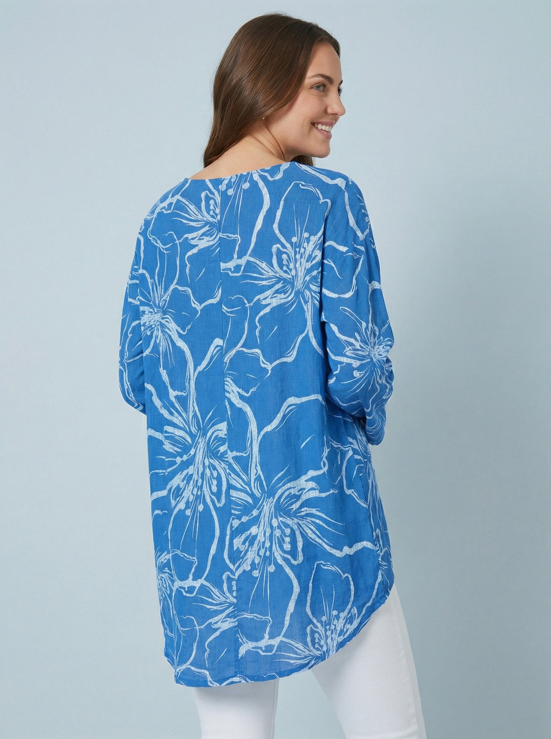 "NINA”  Floral Print Top - Royal / Silver