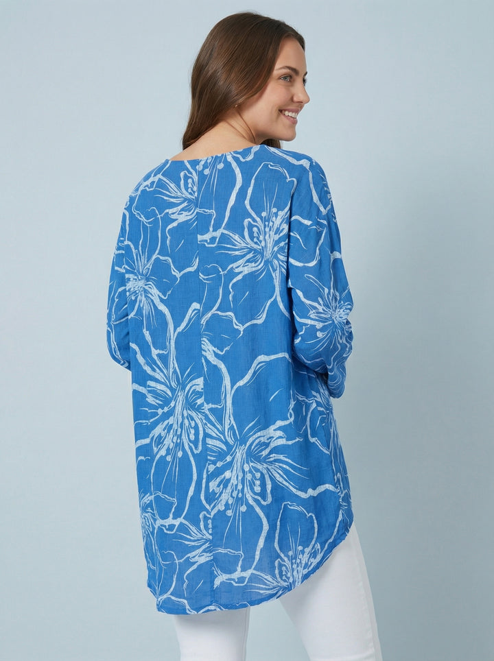 "NINA”  Floral Print Top - Royal / Silver