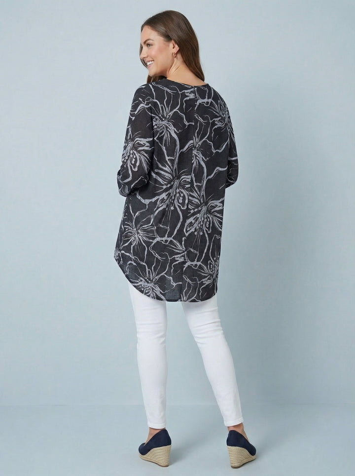 "NINA”  Floral Print Top - Black / Grey