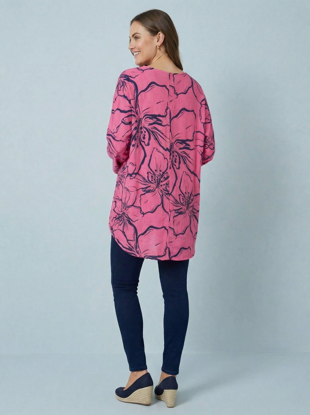 "NINA”  Floral Print Top - Cerise / Navy