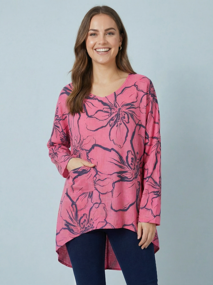 "NINA”  Floral Print Top - Cerise / Navy