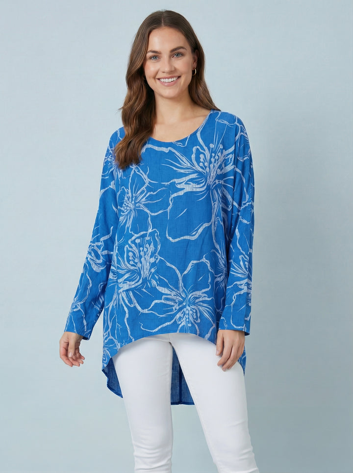 "NINA”  Floral Print Top - Royal / Silver
