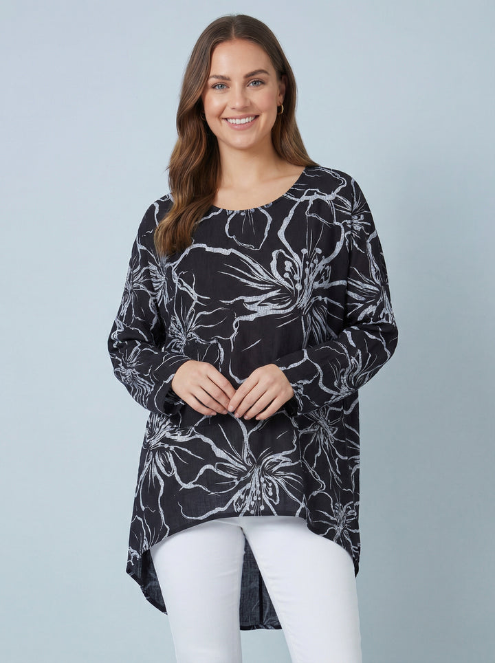 "NINA”  Floral Print Top - Black / Grey
