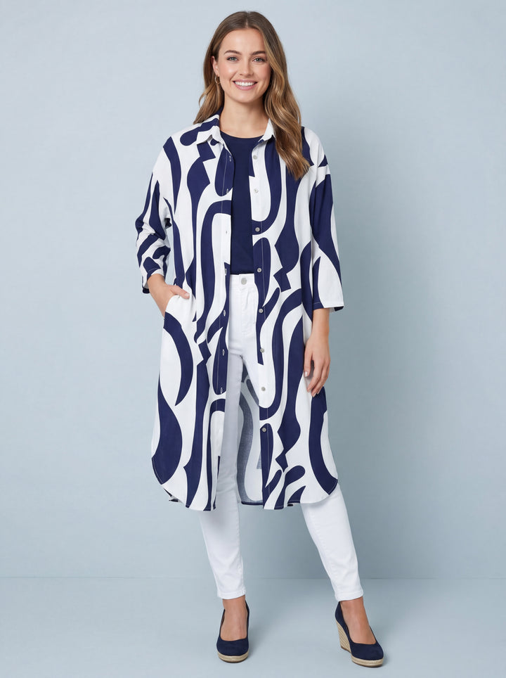 “TINA”  Geometric Print Shirt / Dress - Navy / White