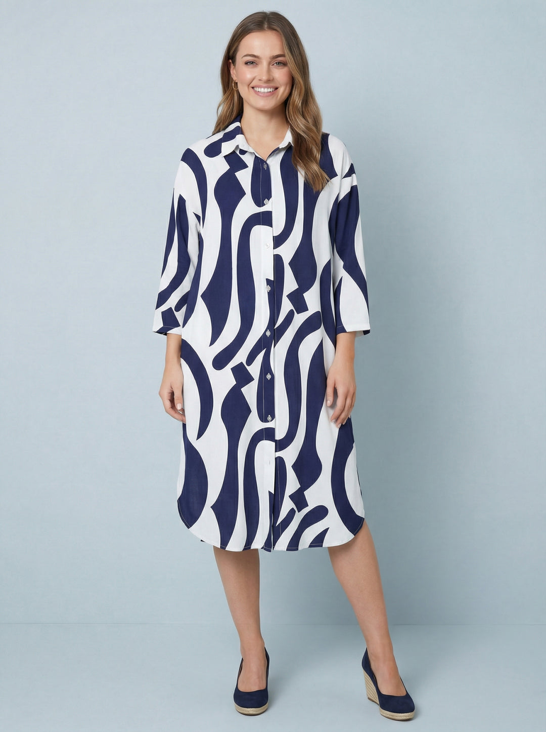 “TINA”  Geometric Print Shirt / Dress - Navy / White