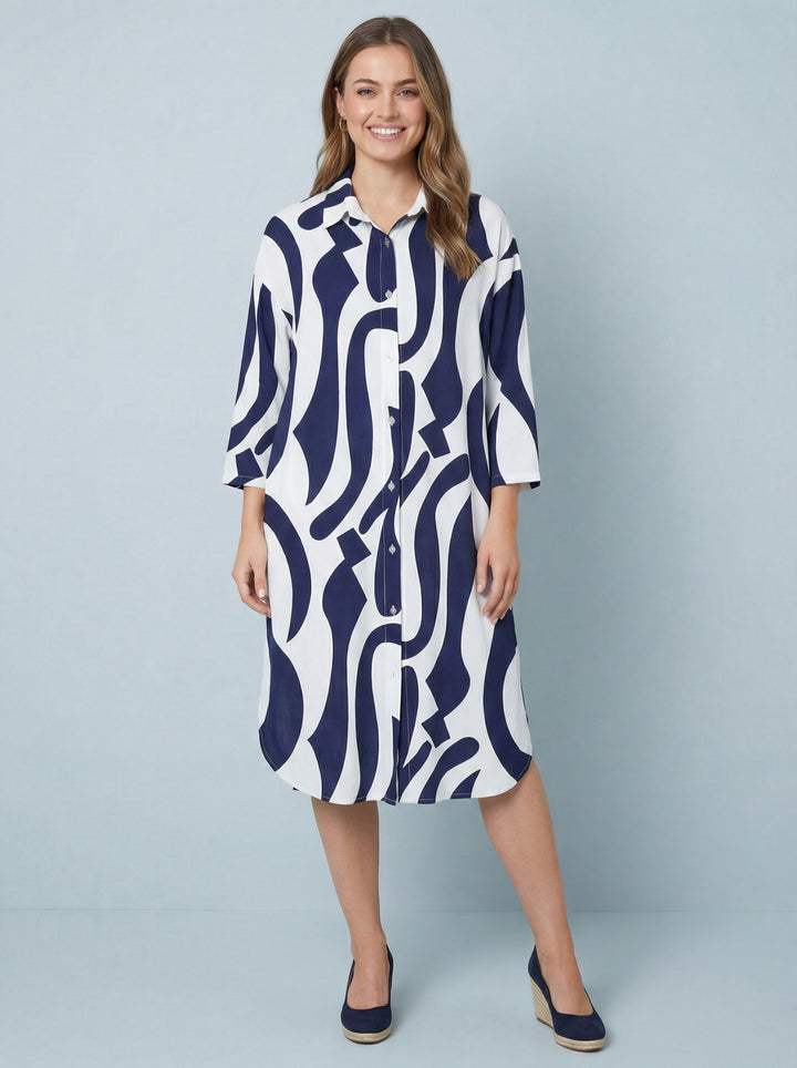 “TINA”  Geometric Print Shirt / Dress - Navy / White