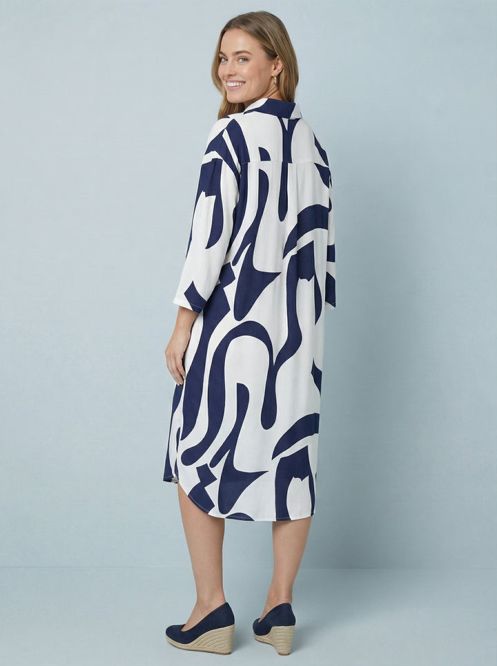 “TINA”  Geometric Print Shirt / Dress - Navy / White