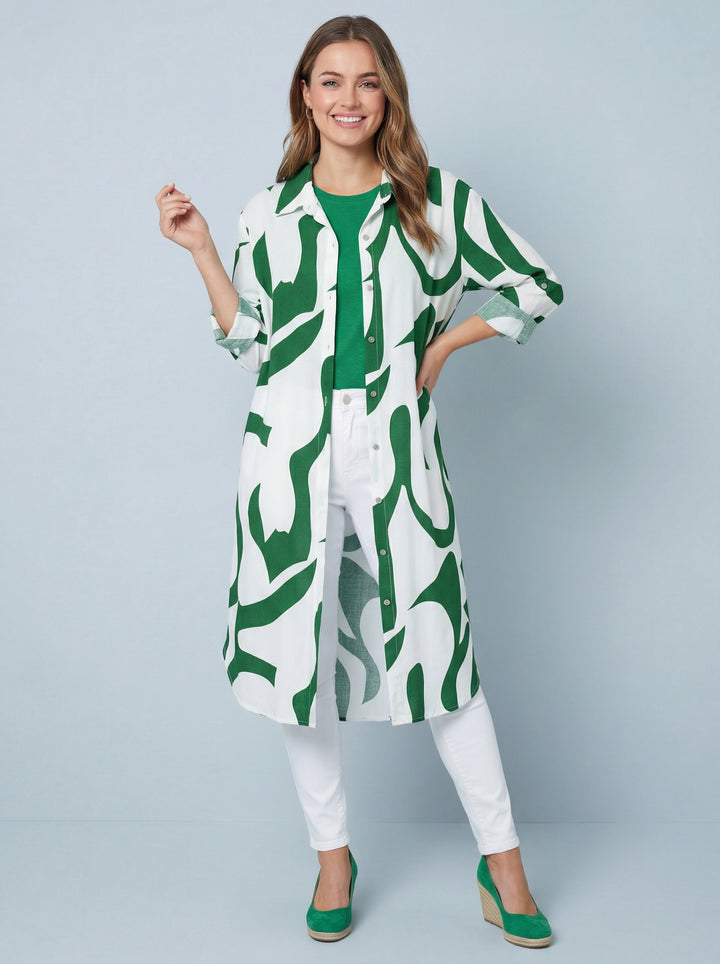 “TINA”  Geometric Print Shirt / Dress - Green / White