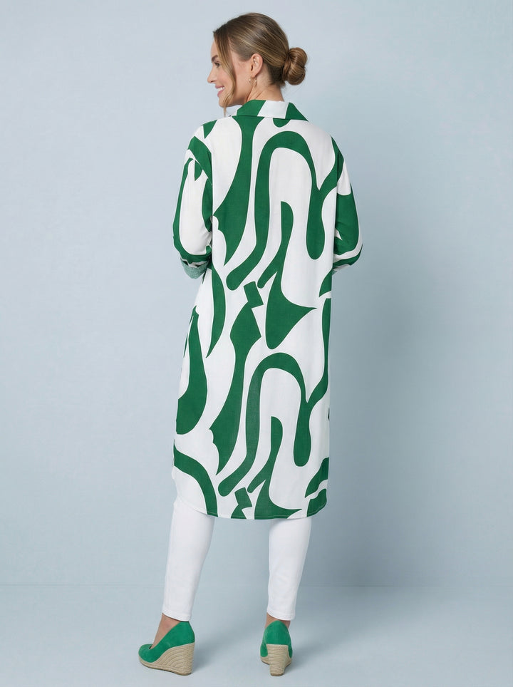 “TINA”  Geometric Print Shirt / Dress - Green / White