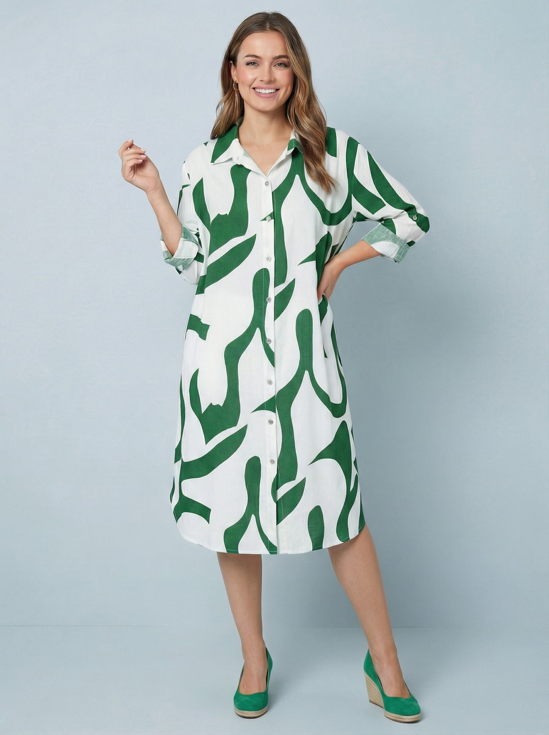 “TINA”  Geometric Print Shirt / Dress - Green / White