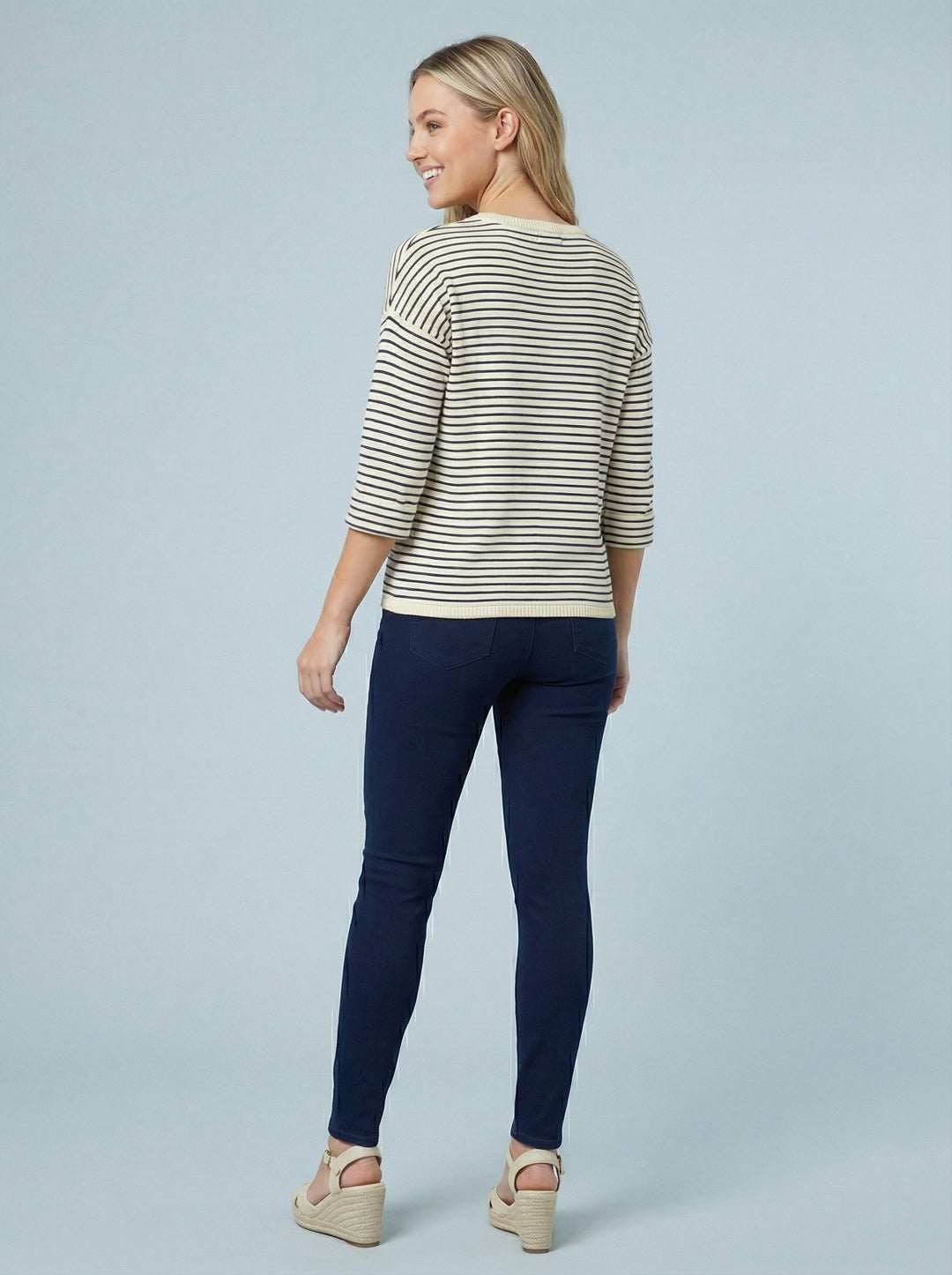 "ELIZA” Nautical Stripe Fine Knit Top - Cream/ Navy