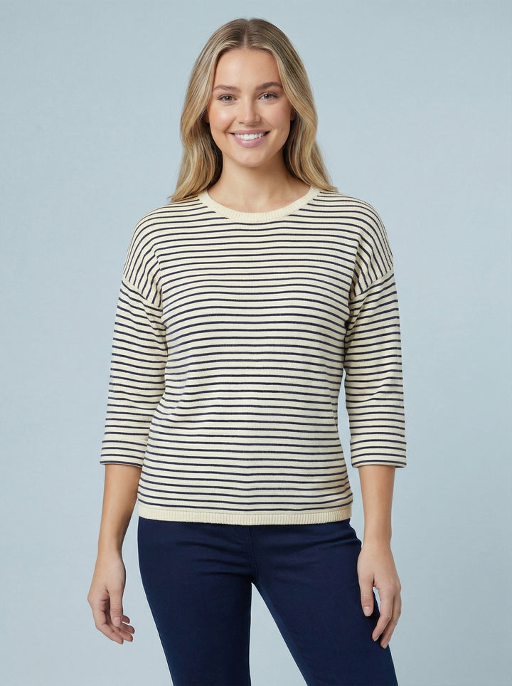 "ELIZA” Nautical Stripe Fine Knit Top - Cream/ Navy
