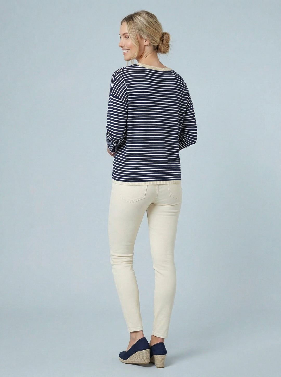 "ELIZA” Nautical Stripe Fine Knit Top - Navy / Cream