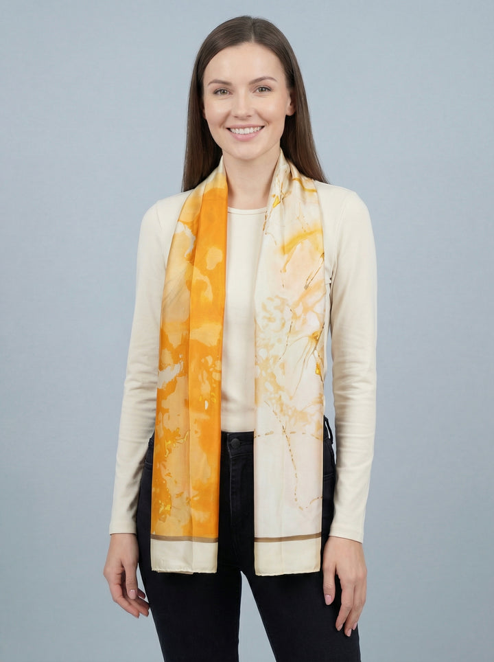 No.99 Artistic Print Silk Scarf-Cream & Orange