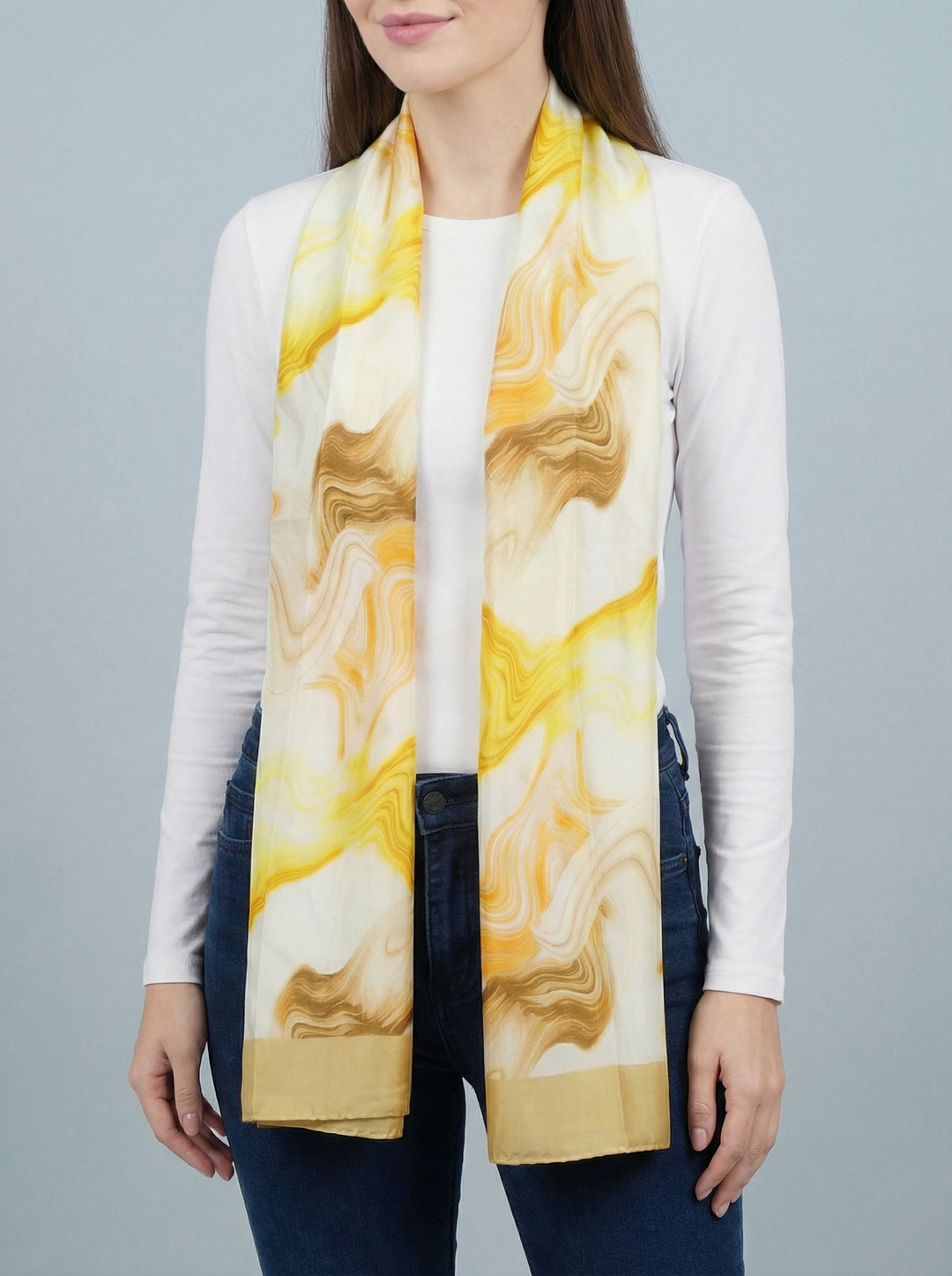 No.99 Artistic Print Silk Scarf-Cream & Yellow