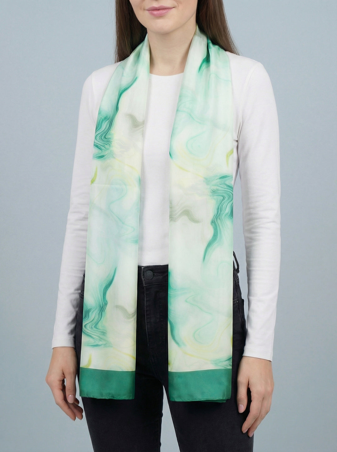 No.99 Artistic Print Silk Scarf-Cream & Green