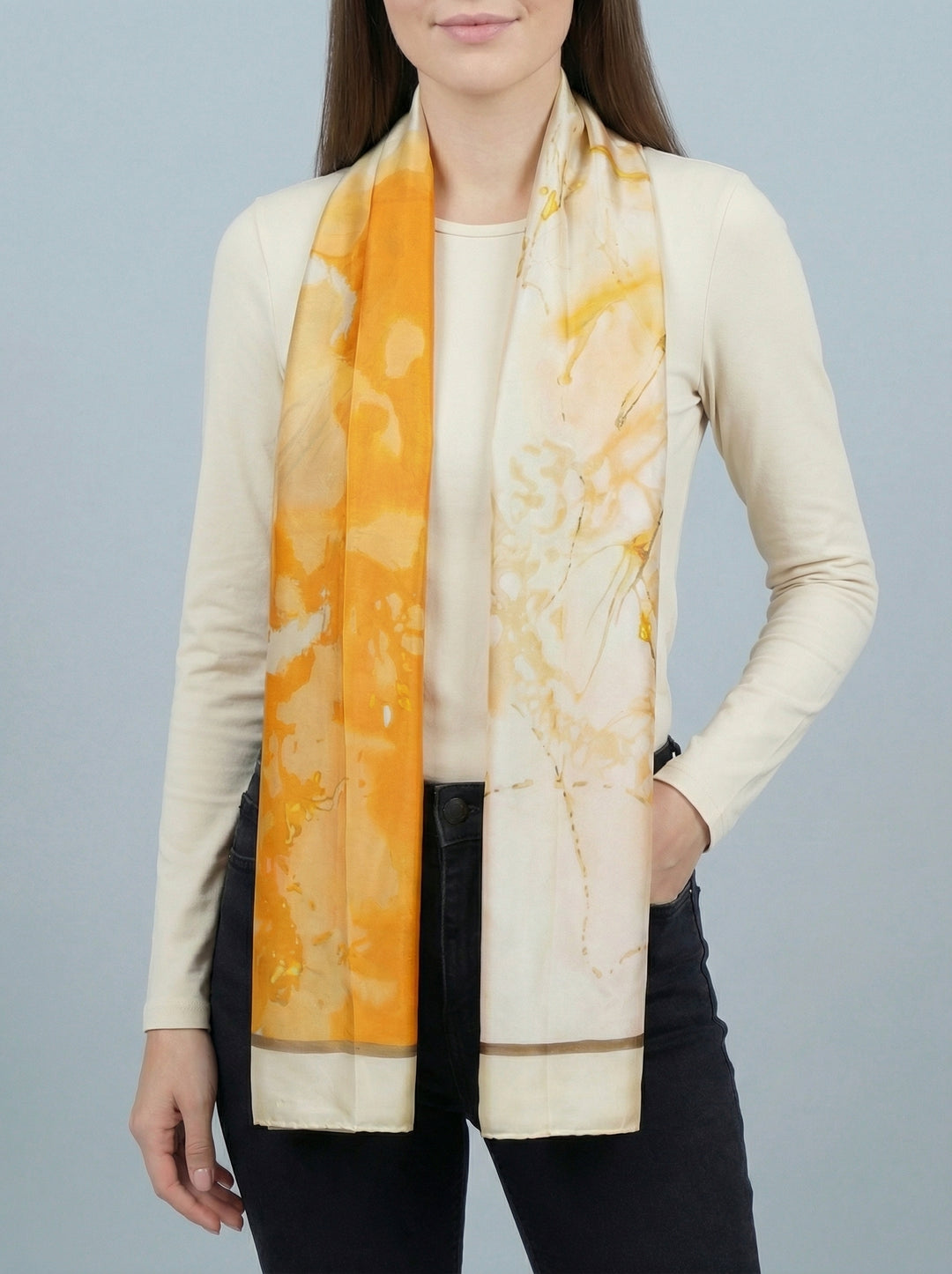 No.99 Artistic Print Silk Scarf-Cream & Orange