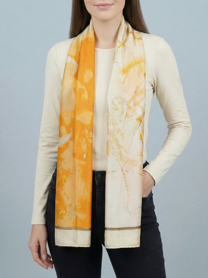 No.99 Artistic Print Silk Scarf-Cream & Orange