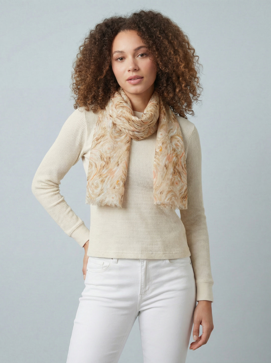 No.88 Artistic Print Scarf-Cream & Tan