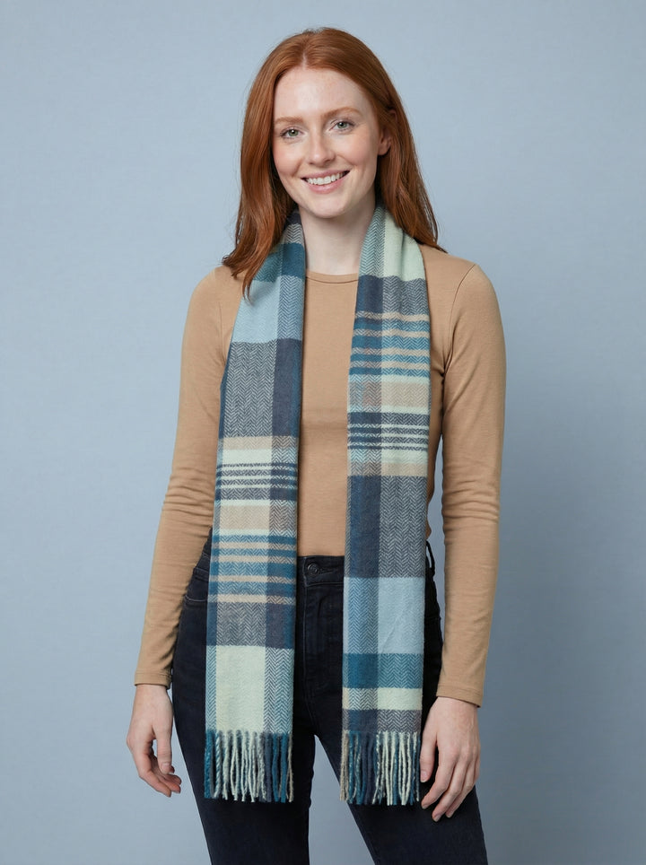 No.62 Check Print Scarf-Teal & Mocha