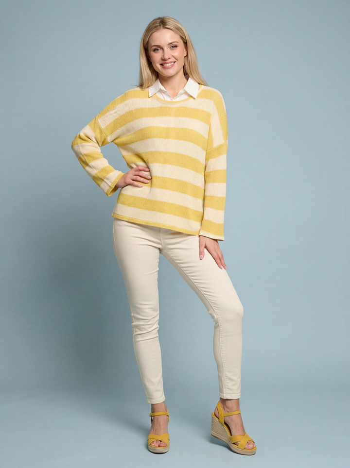 “FREYA” Stripe Fine Knit Top - Cream / Yellow