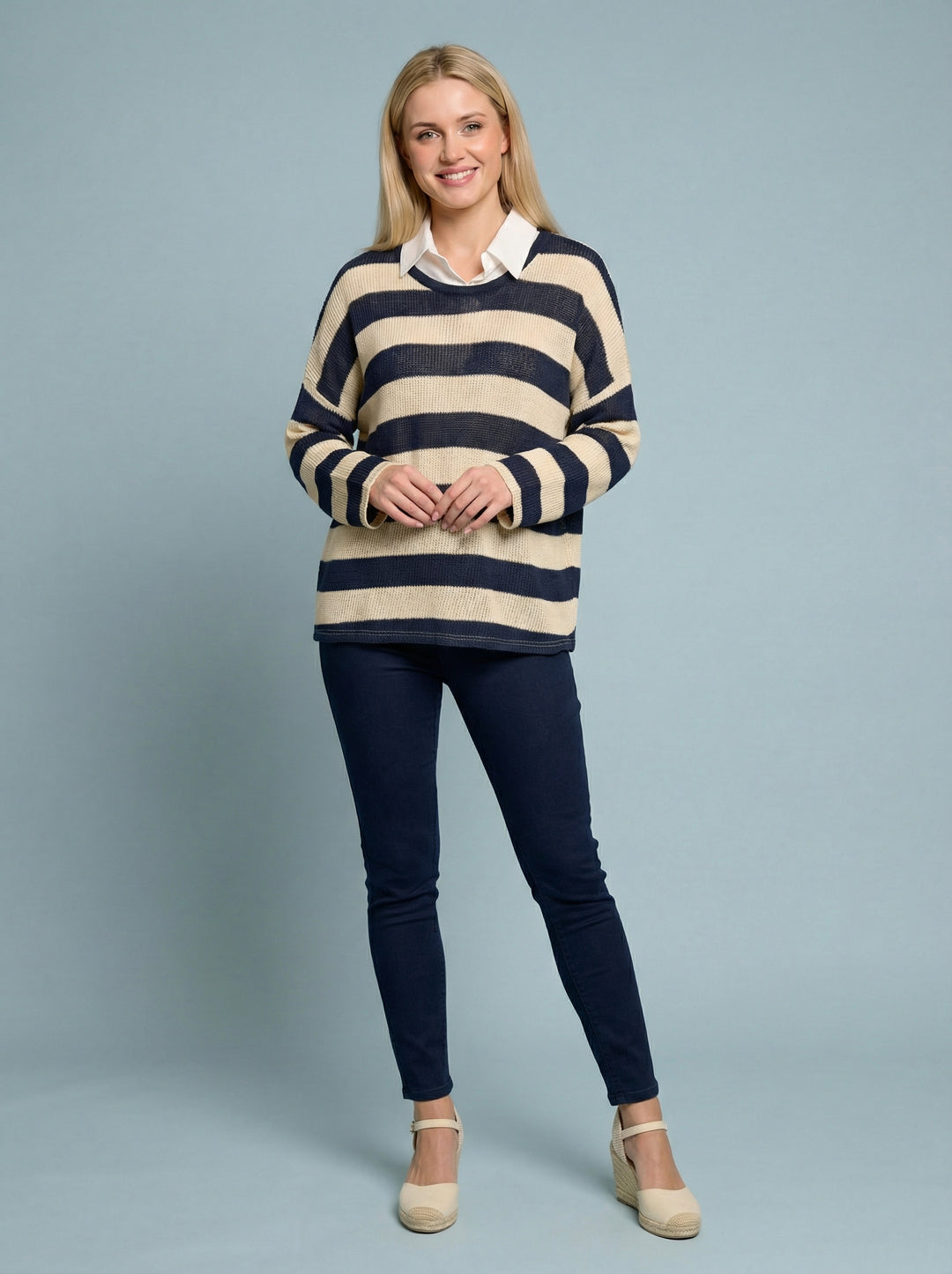 “FREYA” Stripe Fine Knit Top - Cream / Navy