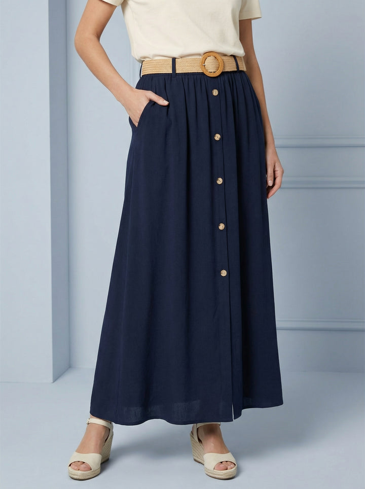 “BETH” Skirt With Button Detailing  - Navy