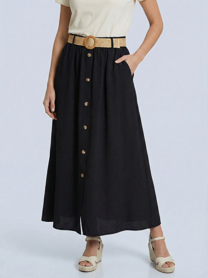 “BETH” Skirt With Button Detailing  - Black