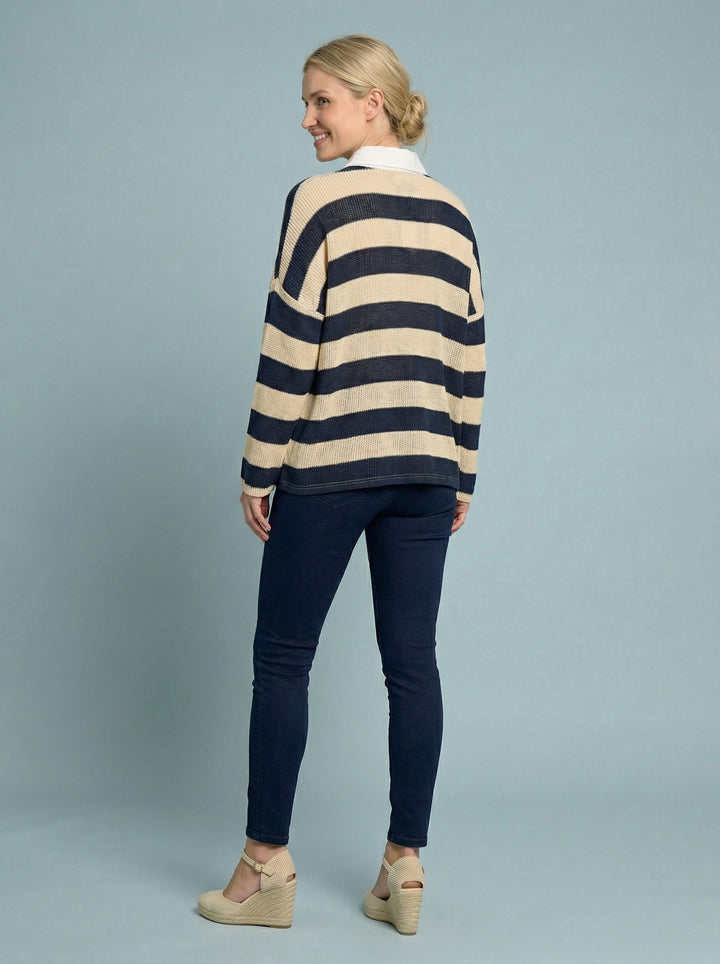 “FREYA” Stripe Fine Knit Top - Cream / Navy