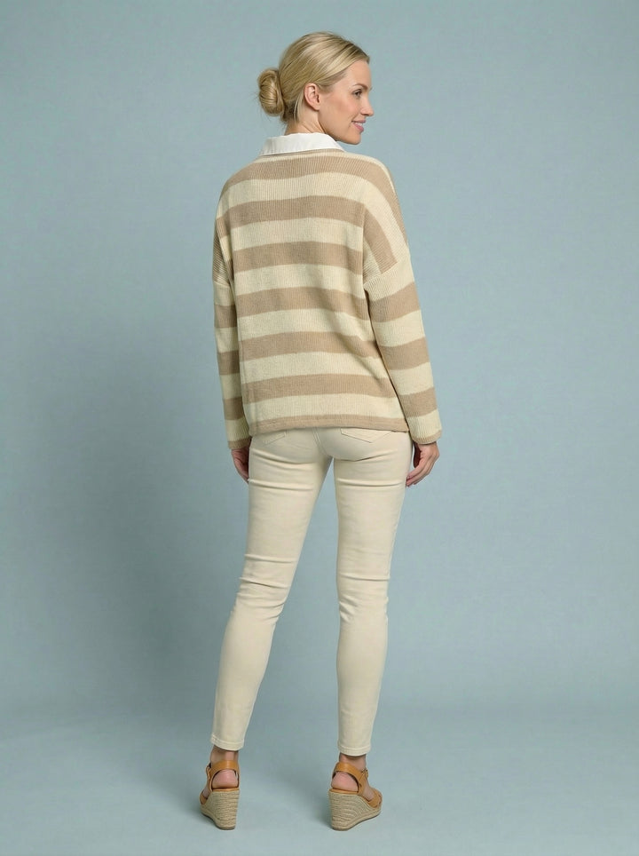 “FREYA” Stripe Fine Knit Top - Cream / Tan