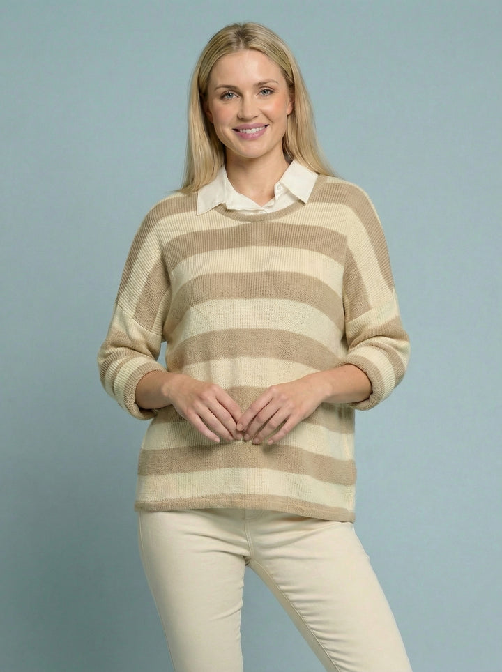 “FREYA” Stripe Fine Knit Top - Cream / Tan