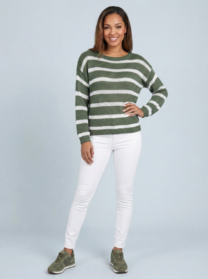 “LILAH” Stripe Fine Knit Top - Khaki Green