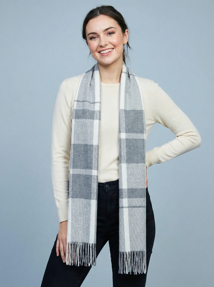 No.16 Check Print Scarf-Silver & Grey