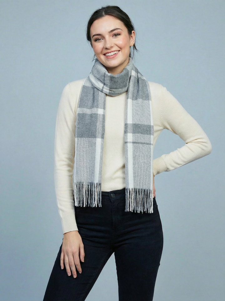 No.16 Check Print Scarf-Silver & Grey