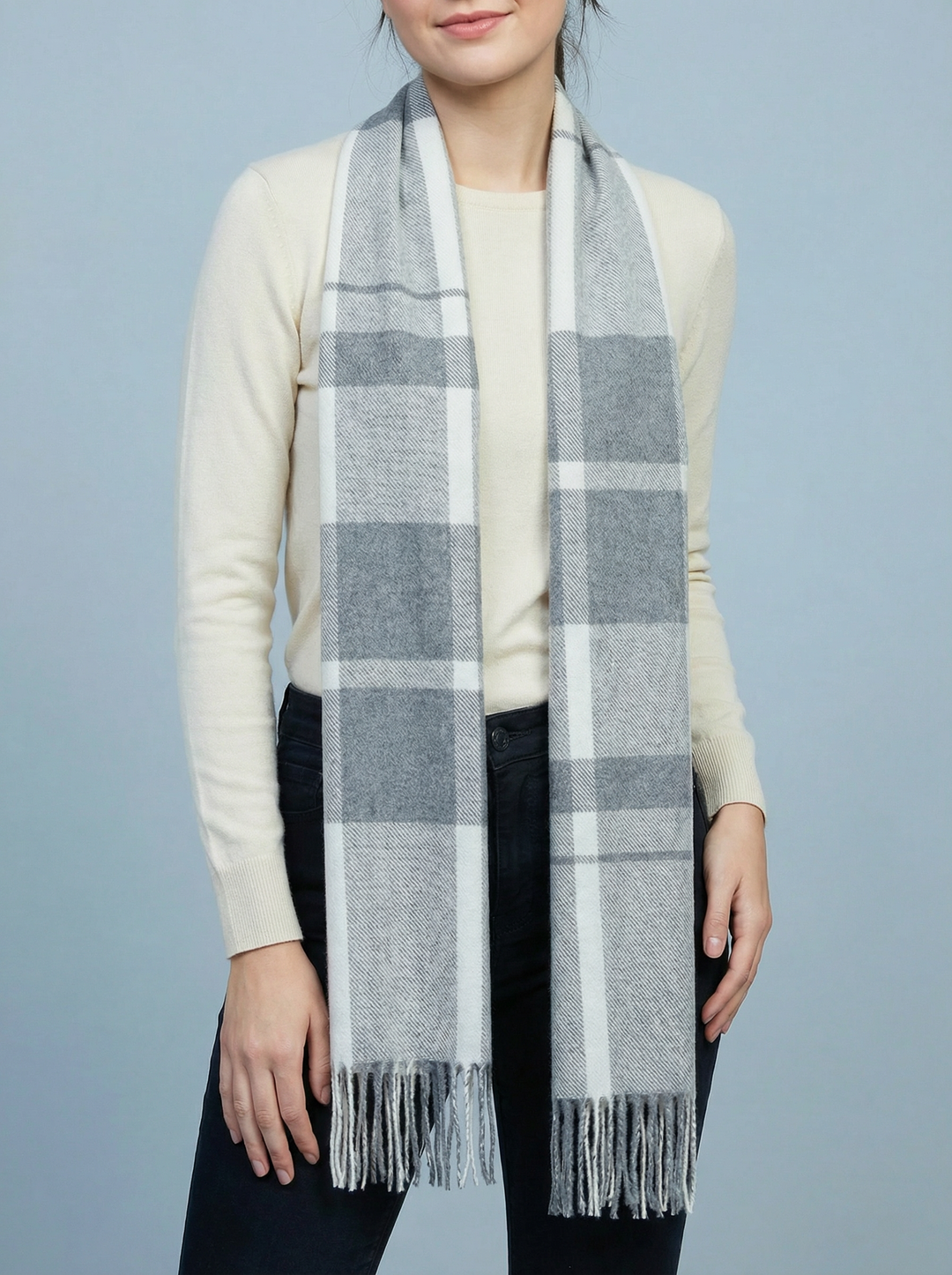 No.16 Check Print Scarf-Silver & Grey