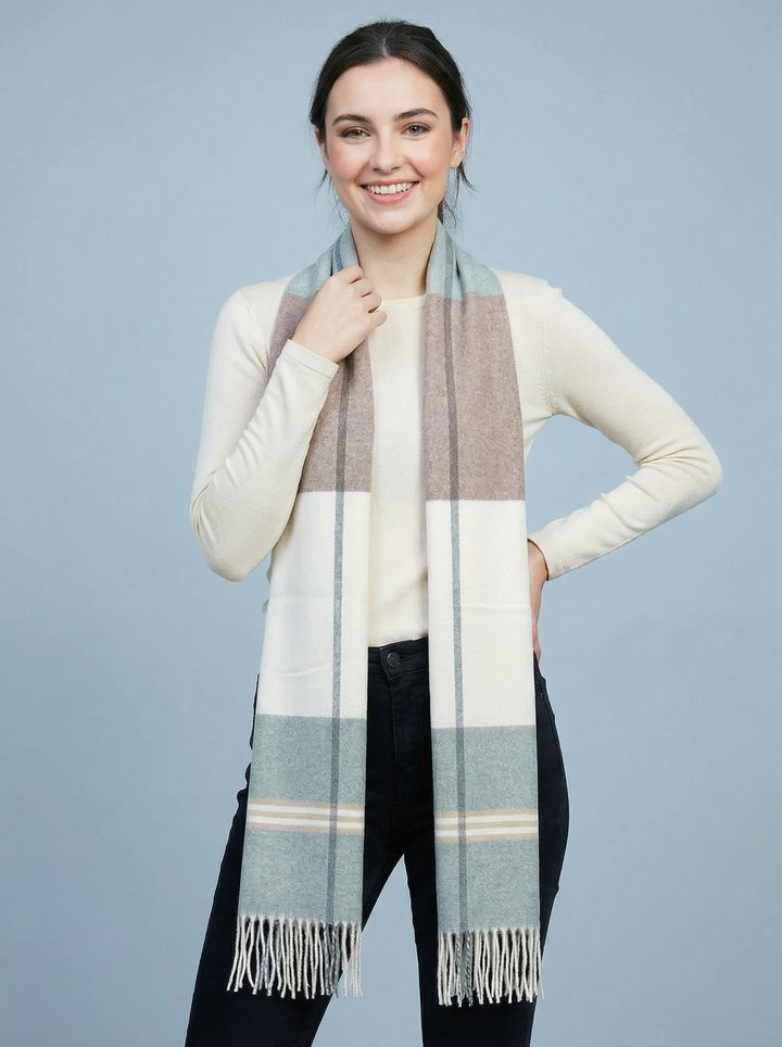 No.124 Check Print Scarf - Green / Grey & White