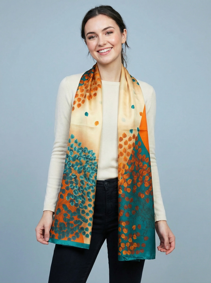 No.125 Artistic Print Scarf - Teal / Orange & Tan