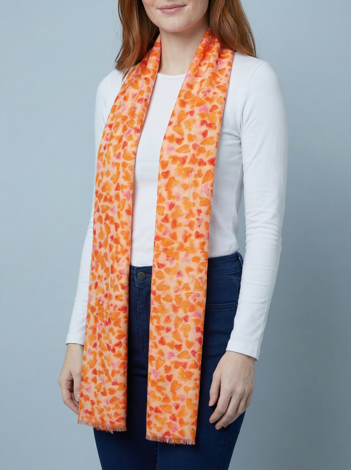 No.101 Heart  Print Scarf-Cream & Orange